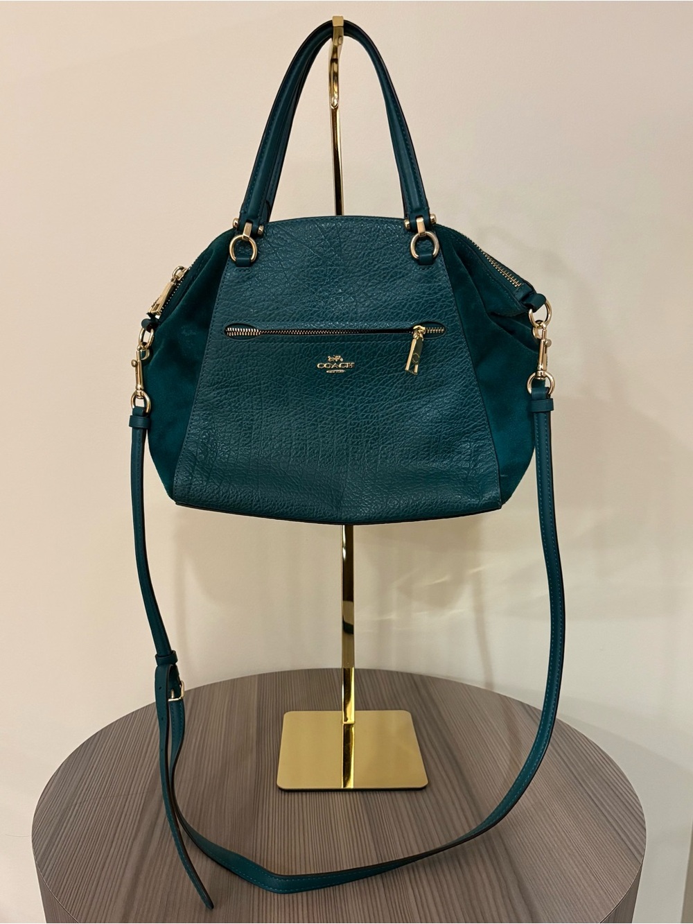 Coach NY H1980-F7999 Teal Pebbled Leather Suede Satchel Shoulder Strap